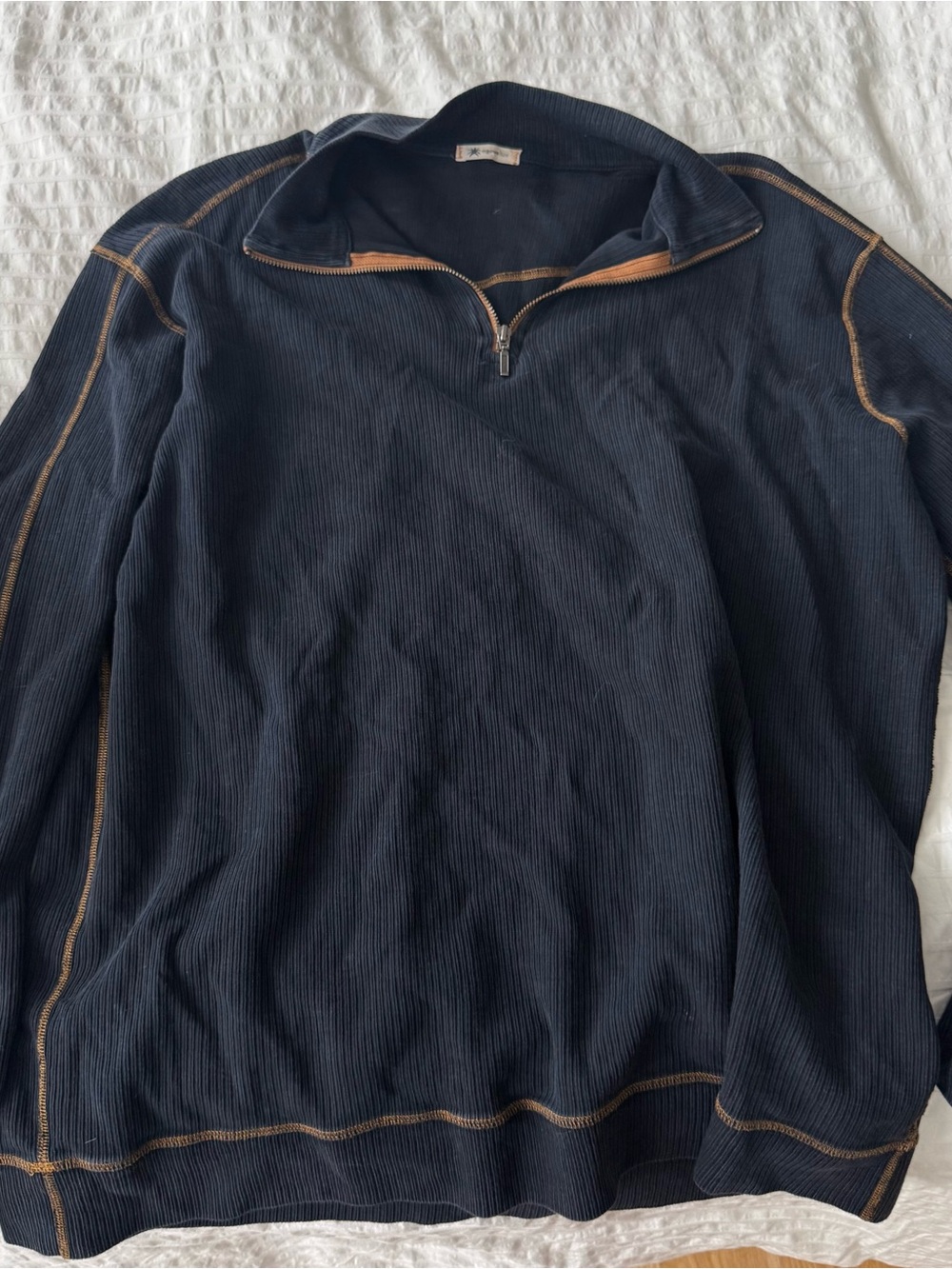 Men's Navy Half-Zip Sweater with Tan Contrast Stitching